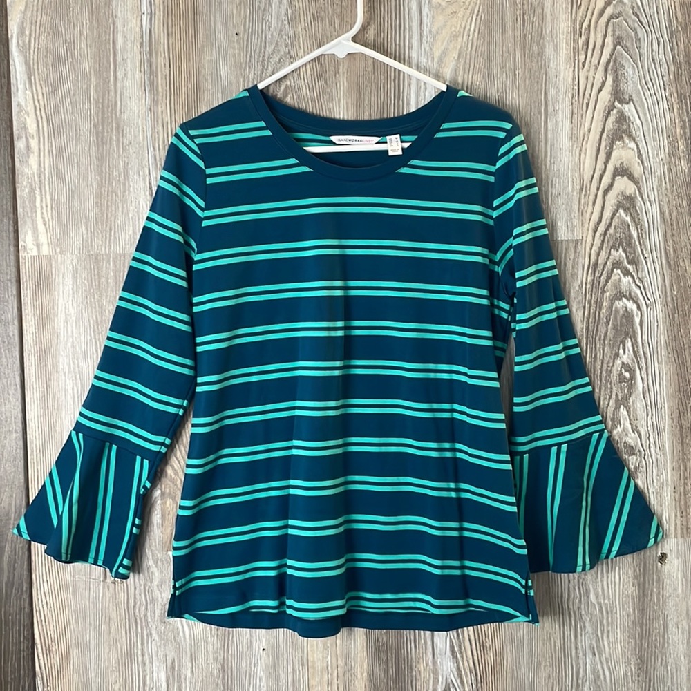 Isaac Mizrahi Green striped top with bell sleeves, M
